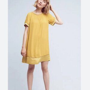 Anthropologie Maeve Verdet Swing Dress Gold Goldenrod Dress Satin Hem‎ Lattice S